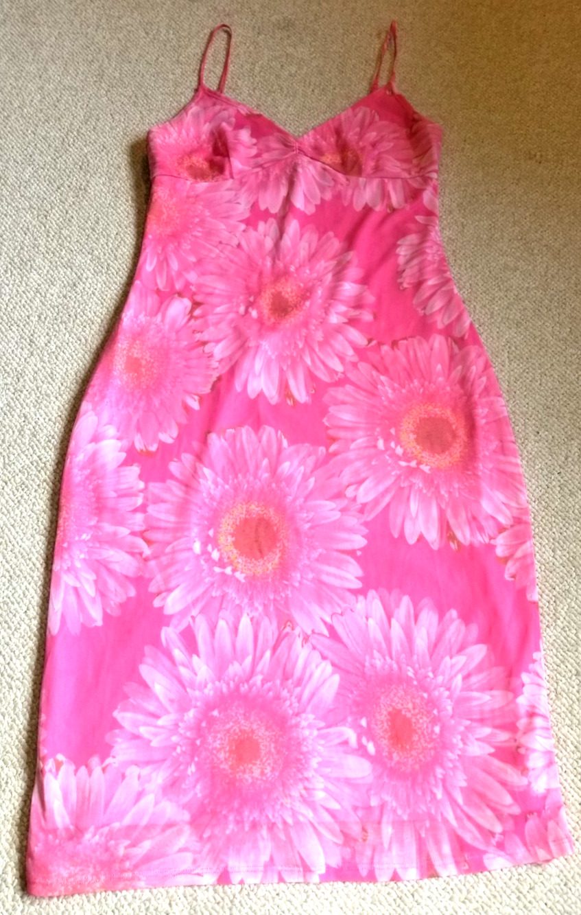 VINTAGE Y2K Womens Dress-EXPRESS-pink floral knit babydoll sundress midi -9/10
